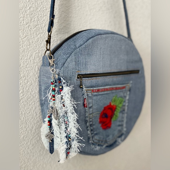Upcycled denim jeans boho Round Crossbody bag with zipper and pockets. - Picture 5 of 12